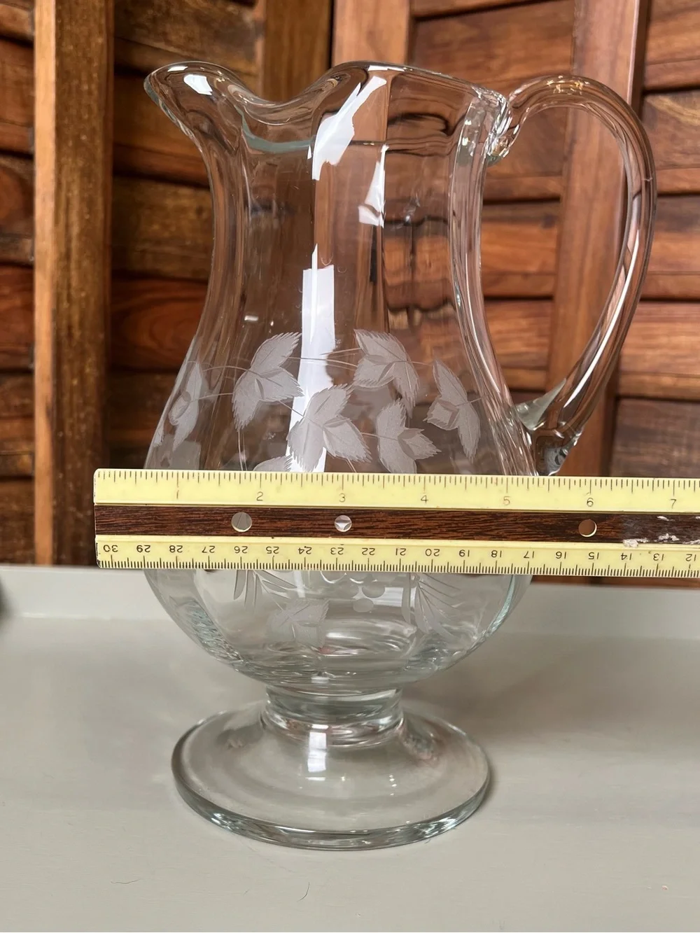 Etched Glass Pitcher with Grapevine Motif - Clear